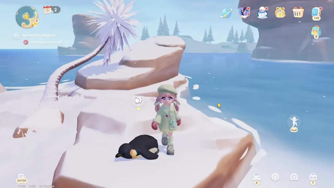 Player character next to a penguin on a snowy rock with an interaction icon visible