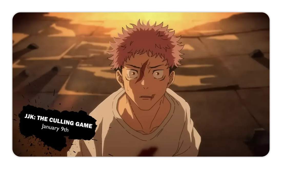 Yuji Itadori looking up with a bloodstain and on-screen title 'JJK: THE CULLING GAME'