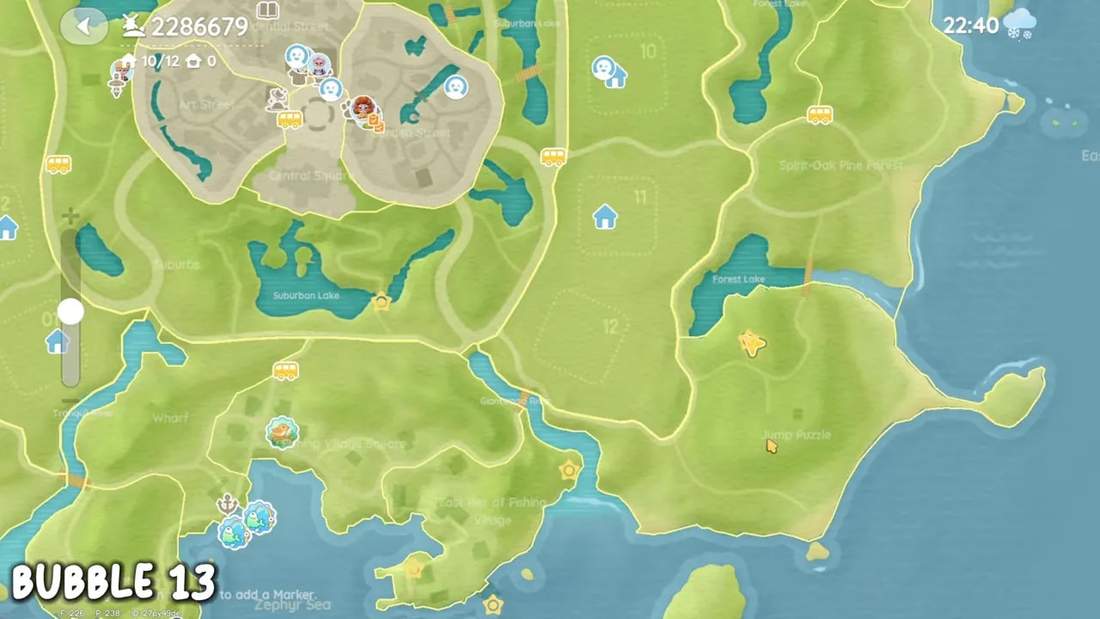 World map screenshot highlighting the Jump Puzzle area on the right with a marker indicating the pink bubble spawn.