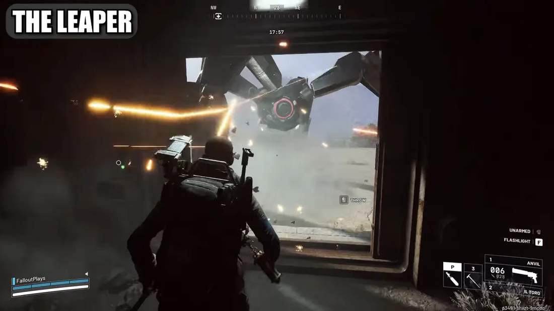 Player in cover at a doorway as a Leaper hovers outside firing, its red eye clearly visible.