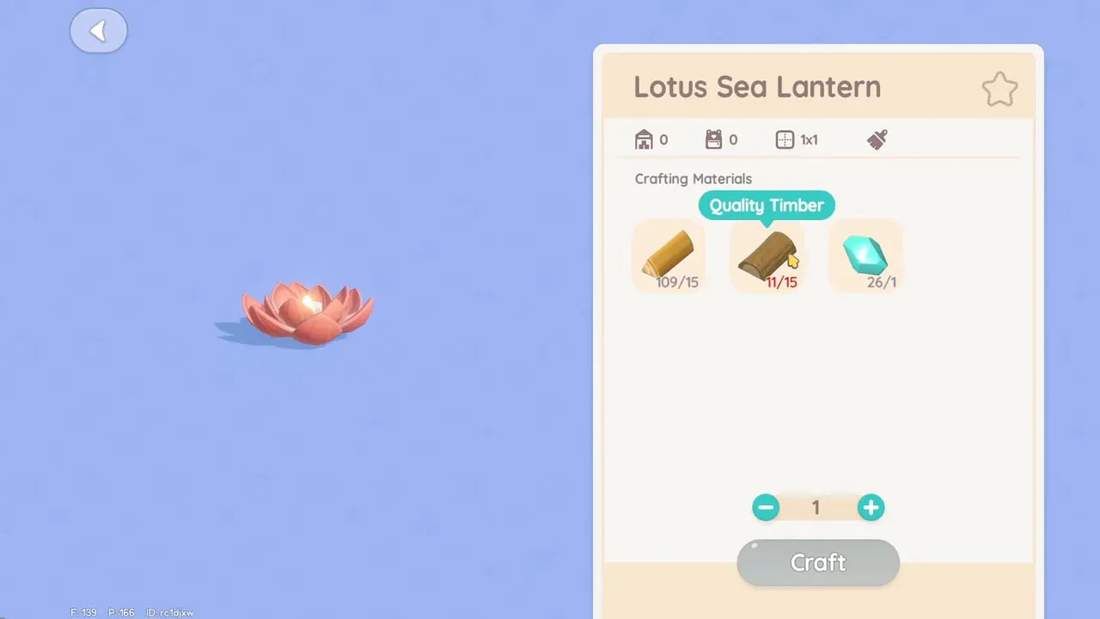 Lotus Sea Lantern crafting screen showing required timber, quality timber and flawless fluorite with craft button
