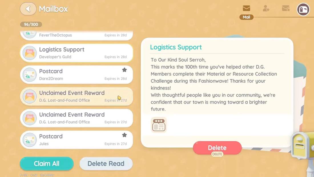 Heartopia mailbox screen showing a Logistics Support message congratulating the player for helping others 100 times.