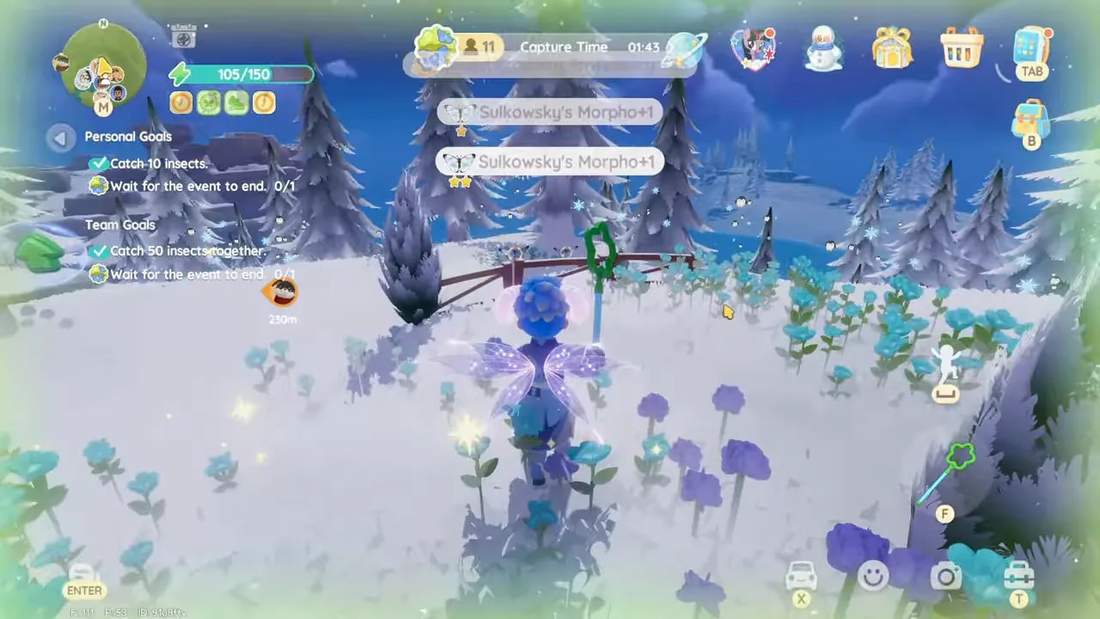 Over-the-shoulder view of a player holding an inflatable insect attractor while moving toward the next event phase on a snowy ridge in Heartopia.