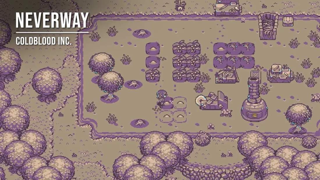 Neverway pixel-art farm scene with crops, trees, and crafting station, purple color palette