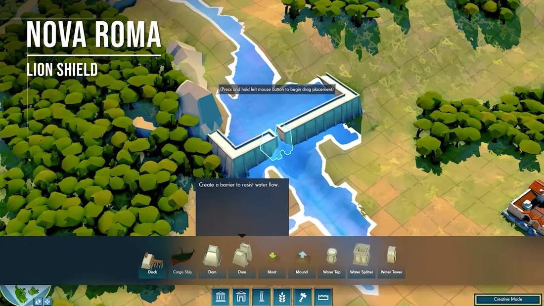 Nova Roma dam placement UI demonstrating water flow control and barrier construction