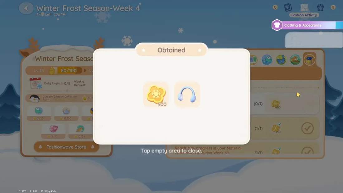 Obtained rewards popup displaying 500 Fashion Wave tokens icon and the snowflake plush earmuffs cosmetic.