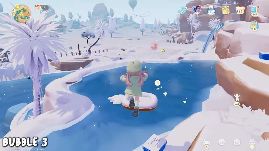 Third-person view of the player jumping from an ice pad toward a pink present bubble floating above the water near the Onaw Mountain bus stop.