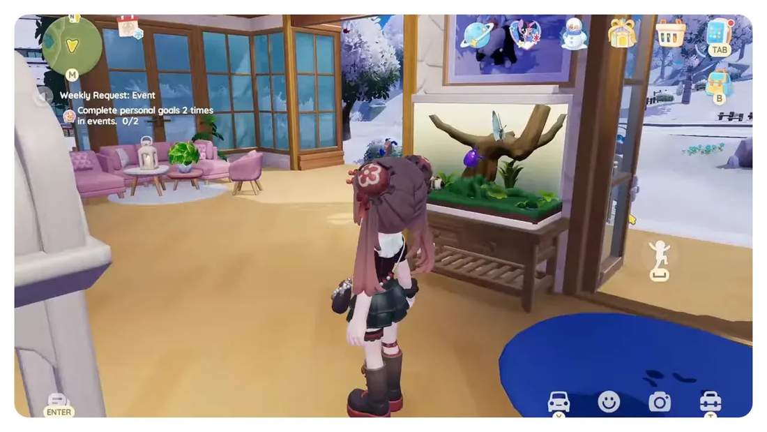 Open-concept living room in Heartopia with aquarium, blue rug, plants and seating