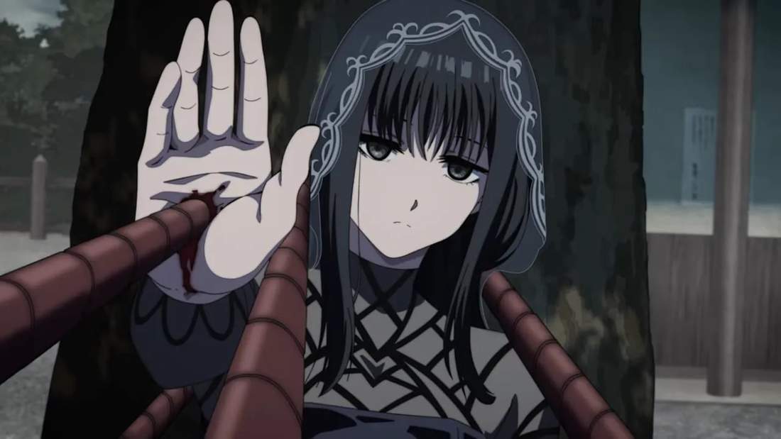 calm veiled woman holding up hand to block incoming staves at a shrine, slight wound visible