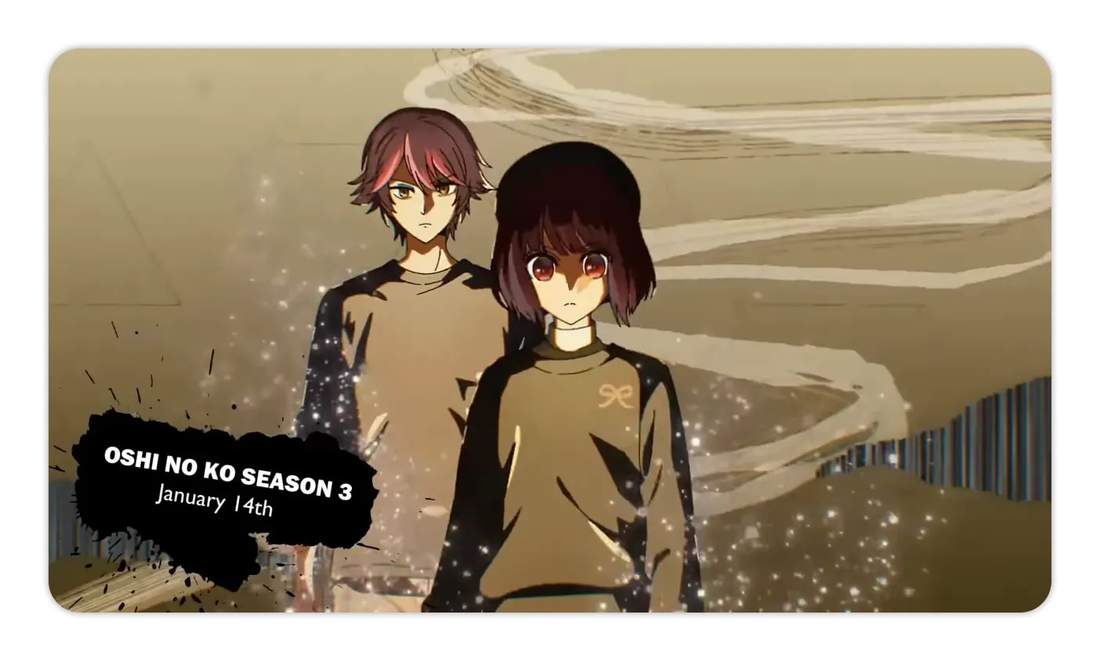Promotional key art for Oshi no Ko Season 3 showing two characters and 'January 14th' release text.
