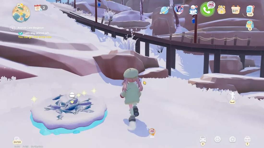 Pile of fish on an ice platform near the penguin feeding spot with the player character approaching.