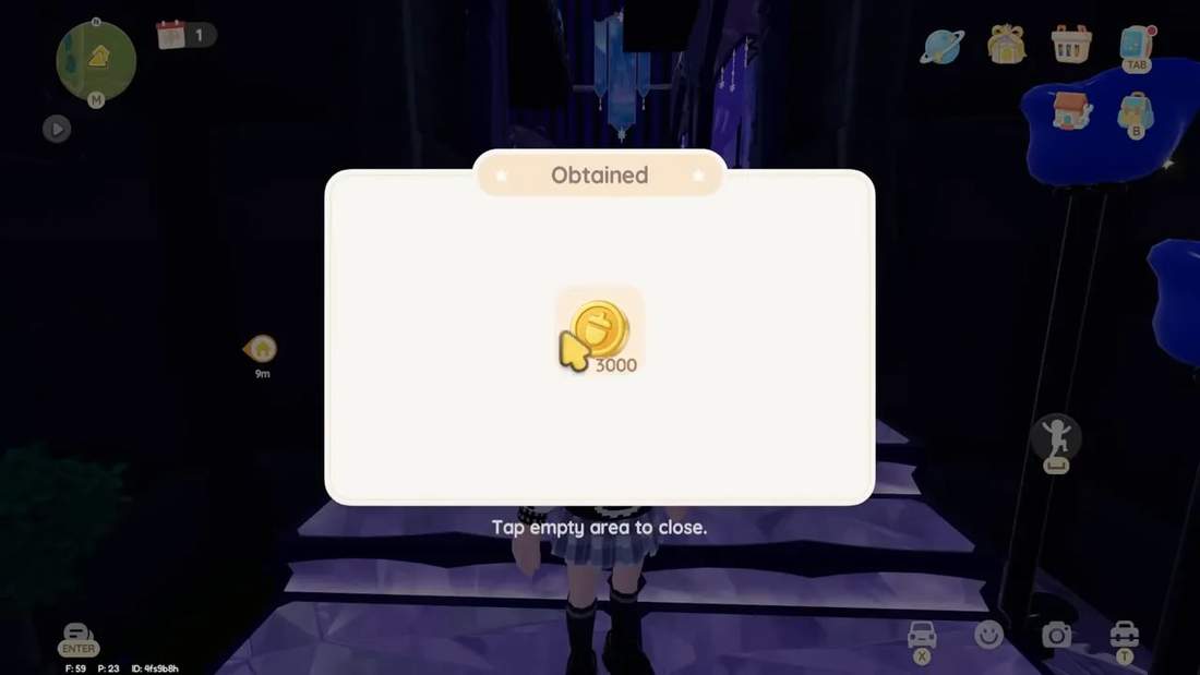 Heartopia 'Obtained' popup displaying a 3000 gold coin with the instruction 'Tap empty area to close.'