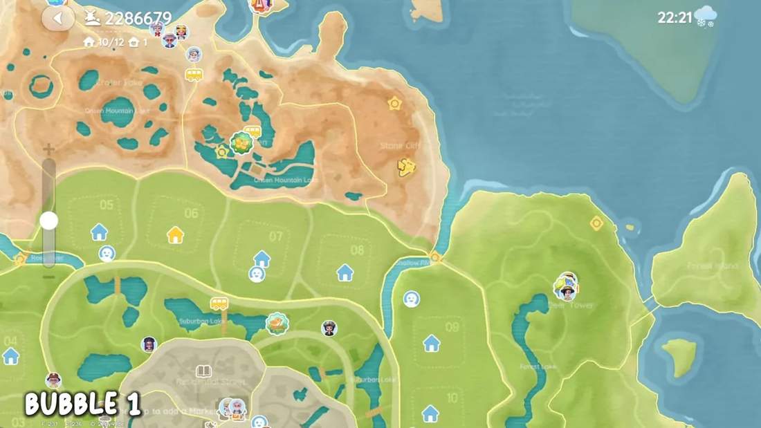 In-game world map with a Bubble 1 marker near Stone Cliff and surrounding landmarks, clearly showing the location.