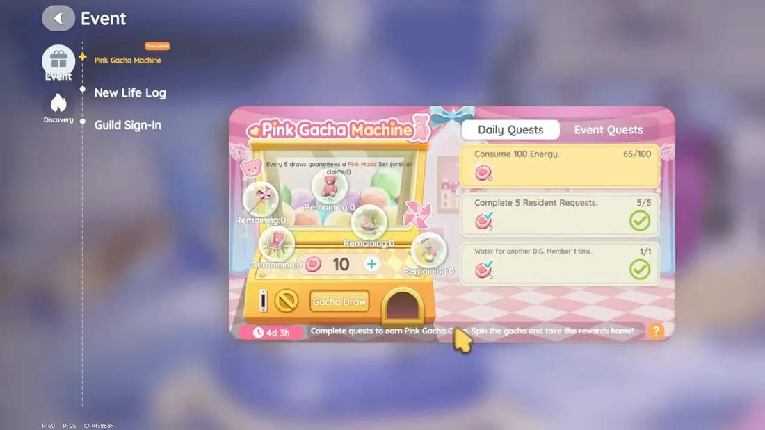Heartopia Pink Gacha Machine event UI showing the pink gacha machine, daily quests, and rewards