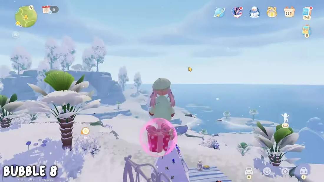 Third-person view of the player at a coastal plot with a pink present bubble floating just ahead above the edge (Bubble 8 / Plot One).