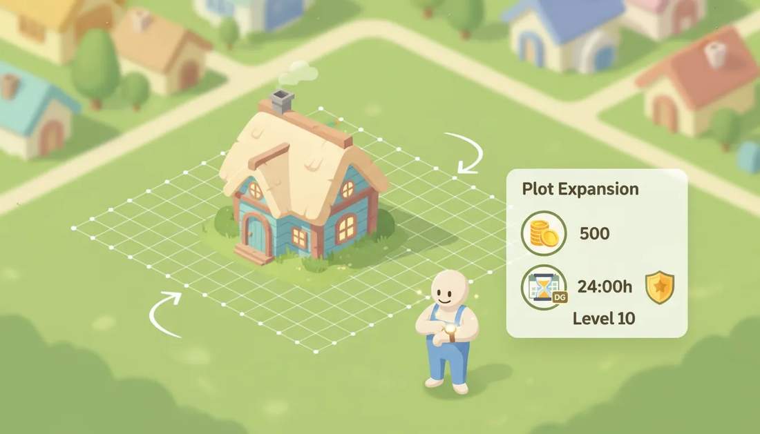 Isometric illustration of a house with a ghosted expanded plot outline, a player tapping a watch, and a floating UI showing gold cost and an hourglass timegate.
