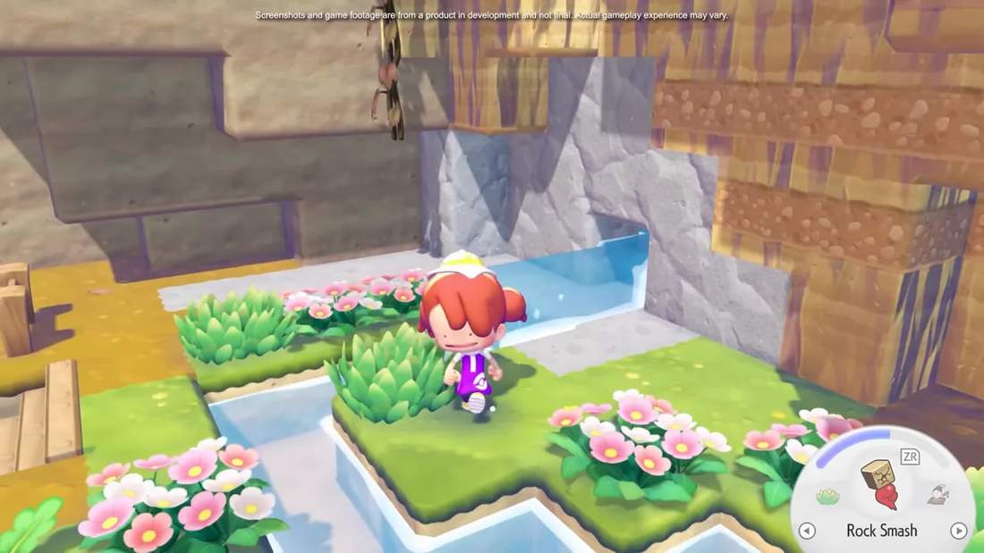 Top-down view of the player standing on grassy tiles surrounded by pink flowers and shallow water channels in Pokopia