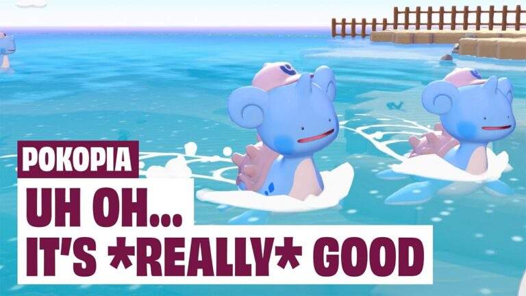 Scene from Pokopia game showing blue cartoon creatures swimming in the ocean with a wooden fence in the background, highlighting the blend of Pokémon, Animal Crossing, and Viva Pinata features.