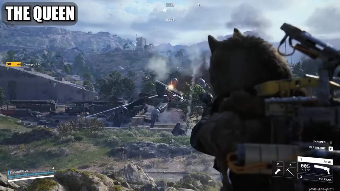 Player on high ground aiming at the Queen boss robot across a valley in Arc Raiders, showing the Queen's body, joints, and the landscape.