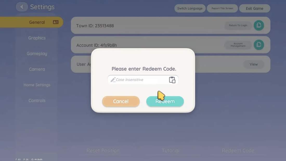 Heartopia settings screen showing a 'Please enter Redeem Code' dialog box with input field and Redeem and Cancel buttons.