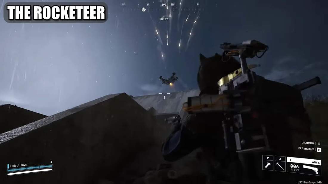 Player using low cover and aiming up at a Rocketeer drone hovering ahead at night with flares visible above; clear gameplay frame showing the encounter.