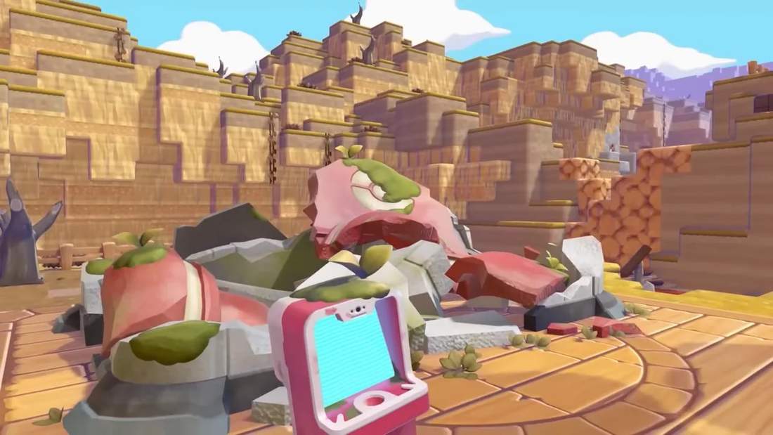 Close-up of a ruined building and rubble in Pokopia's desolate, blocky landscape ready for reconstruction.