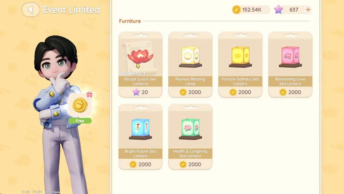 Sea Lantern event store screen showing readymade lantern furniture and the Lotus Sea Lantern recipe priced at 20 stars