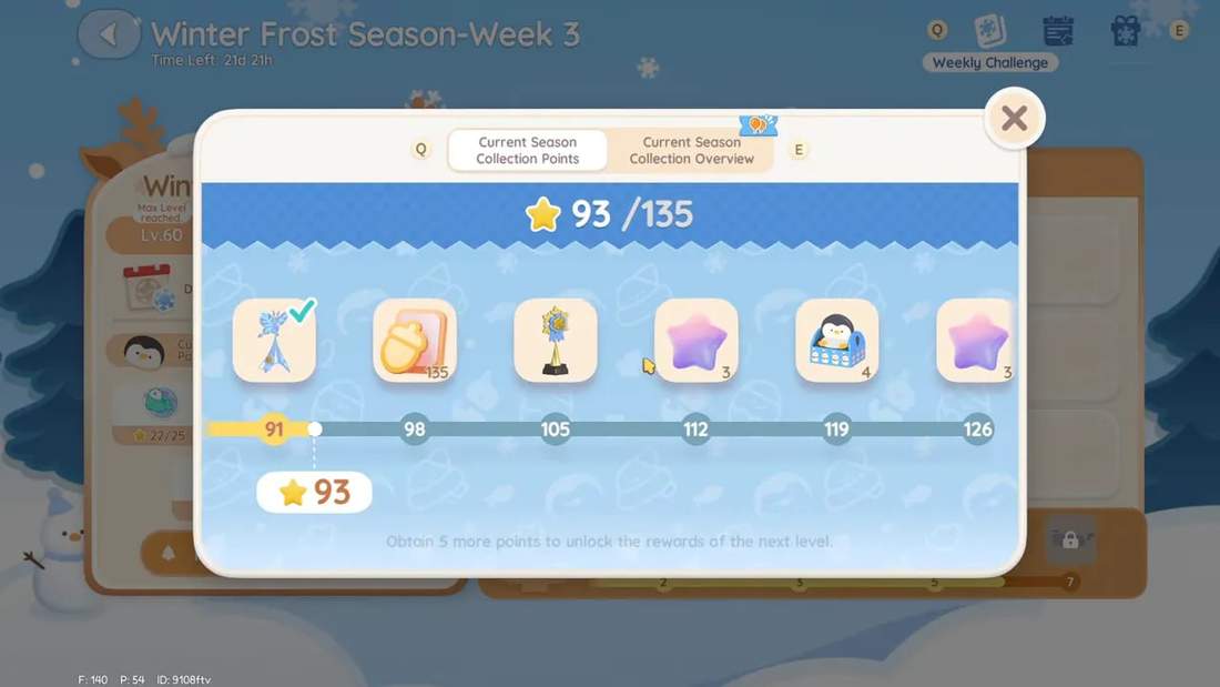 Season collection progress pop-up displaying 93 out of 135 stars with reward icons and a progress timeline for Winter Frost Season.