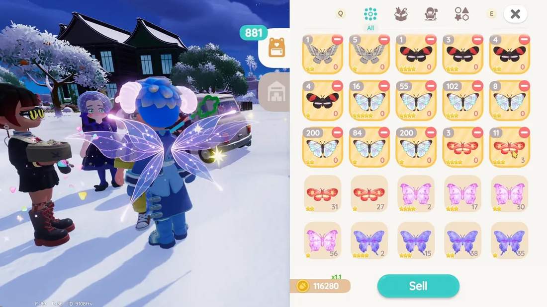 Heartopia inventory screen with rows of frost butterflies, the Sell button and coin total of 116,280 gold.