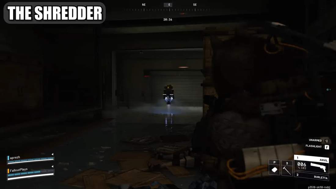 Player in cover aiming at a hovering Shredder enemy down a dark corridor, its engine thrusters glowing.