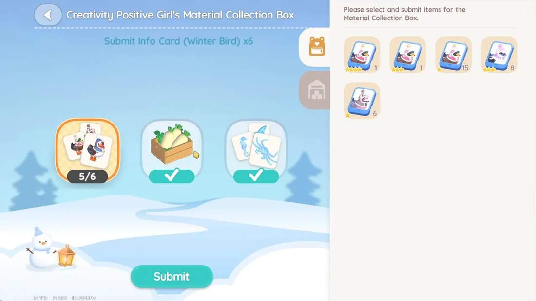 Donation box screen highlighting selected items with checkmarks and submit button to perform a single donation action
