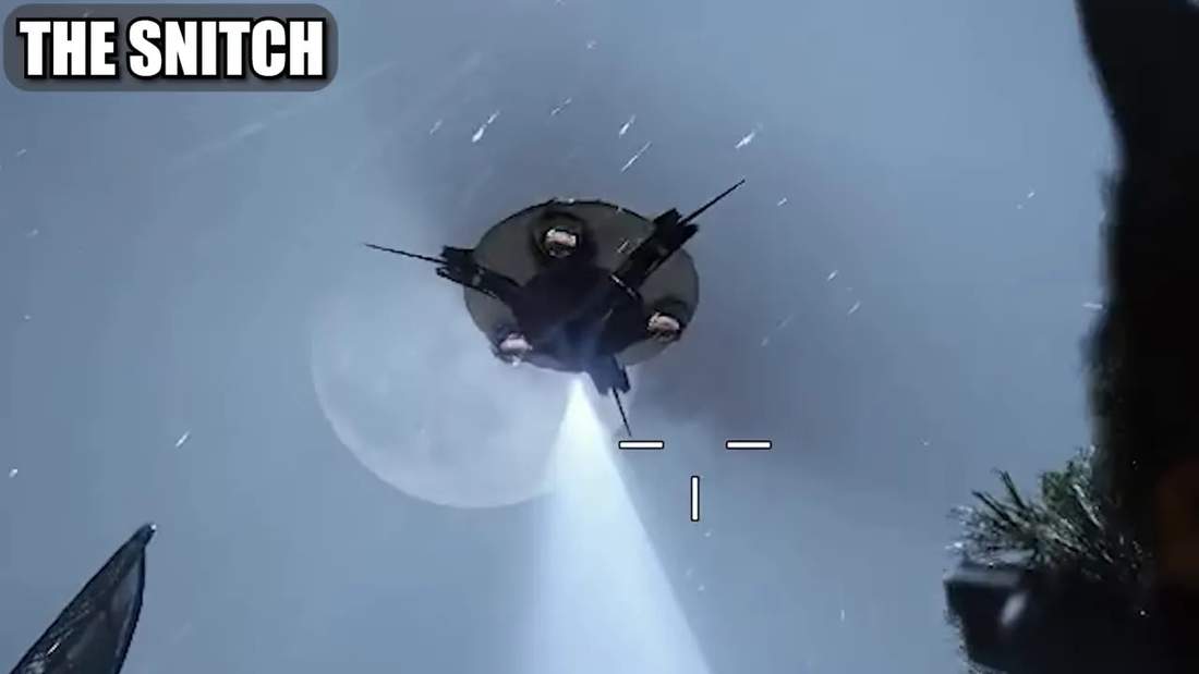 Close-up underside view of a Snitch drone with visible rotor/flap points and the player&rsquo;s crosshair centered on it.