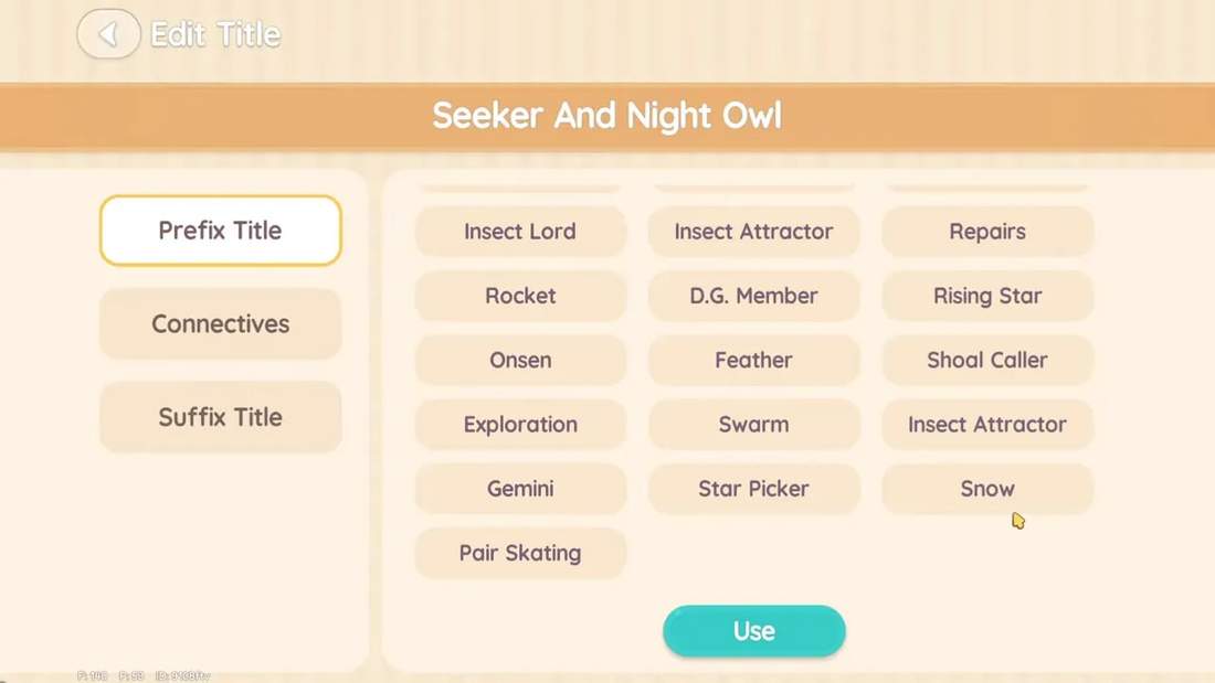 Edit Title screen in Heartopia with 'Snow' visible in the prefix list and the Use button at the bottom.