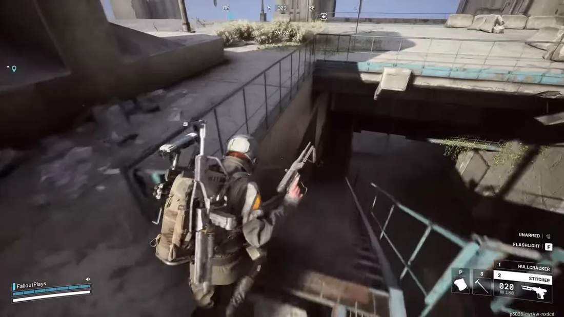 Third-person gameplay with player holding stitcher and HUD showing weapon slot