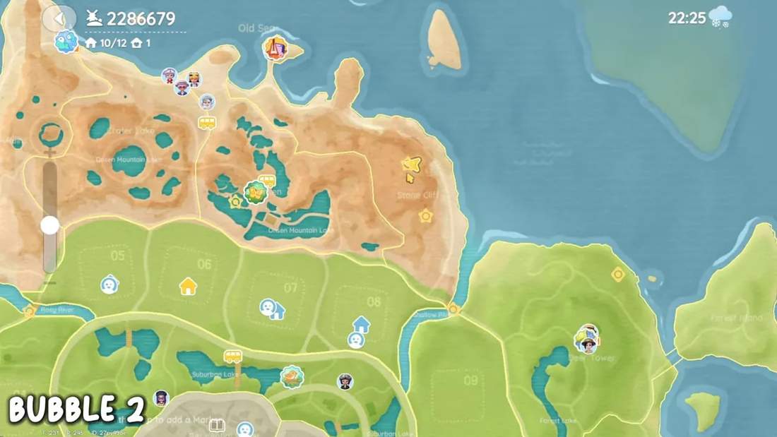 In-game world map with the Stone Cliff coastline visible and the Bubble 2 overlay &mdash; shows the bubble's general location near the cliffs.