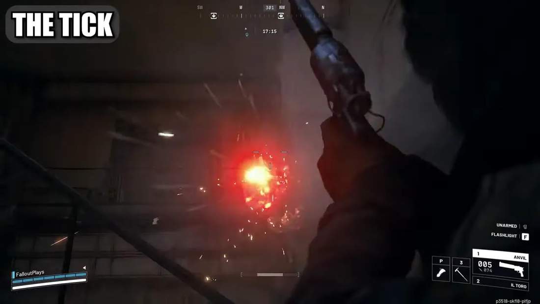 Bright impact effect as the player fires at a small flying Tick in Arc Raiders.
