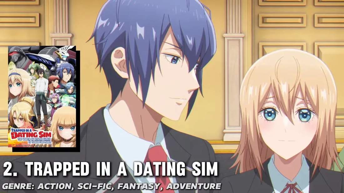 Trapped in a Dating Sim title card with two characters and the show's poster inset