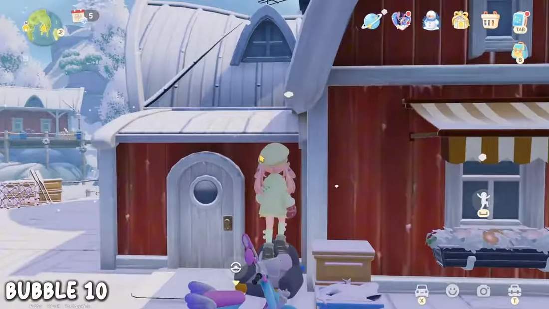 Player standing on top of a small vehicle next to a red wooden wall and under a low roof on the pier &mdash; positioned to boost up and reach a higher ledge.