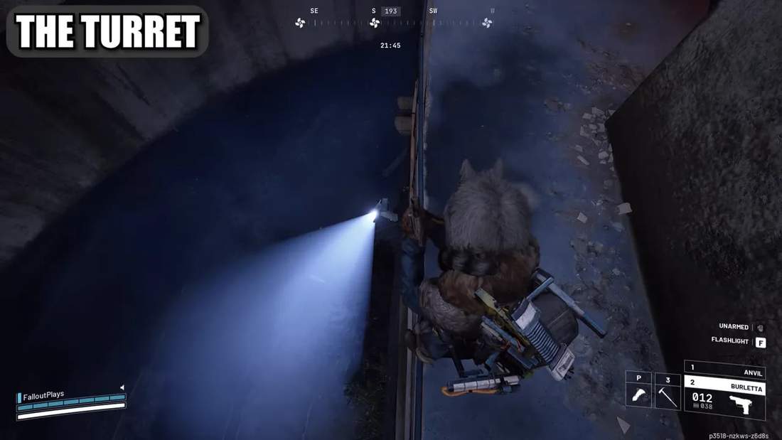 Top-down view of the player crouched on a railing above a small wall-mounted turret shining a beam below.