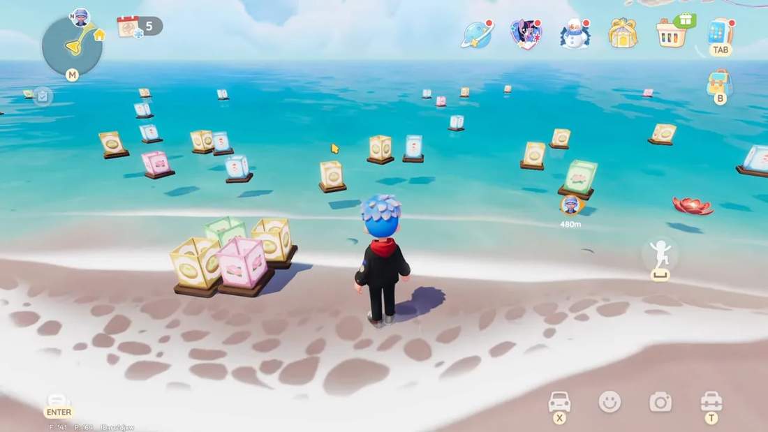 Third-person view of player on beach with dozens of sea lanterns floating across the water