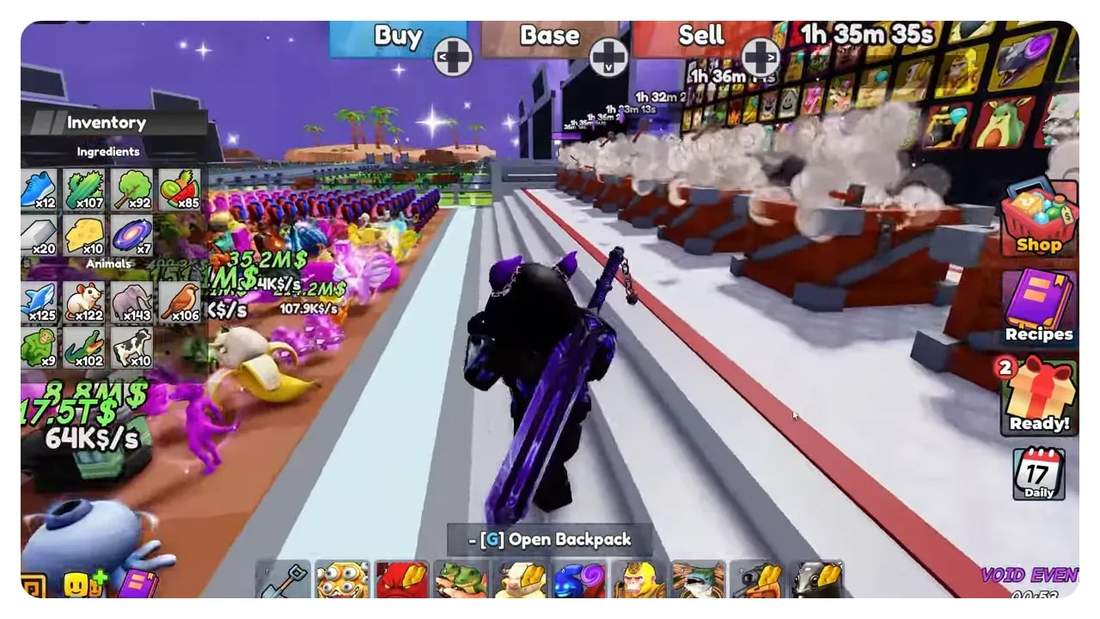 Third-person view of character walking past crafting benches and pet boards