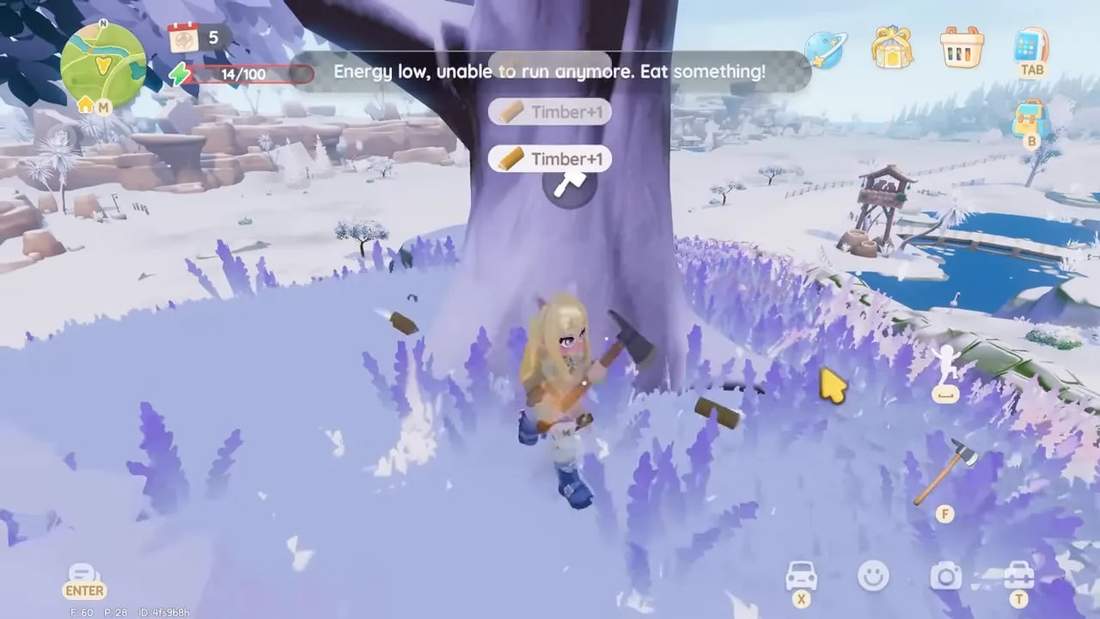 Player chopping a large tree and receiving Timber +1 notification in Heartopia