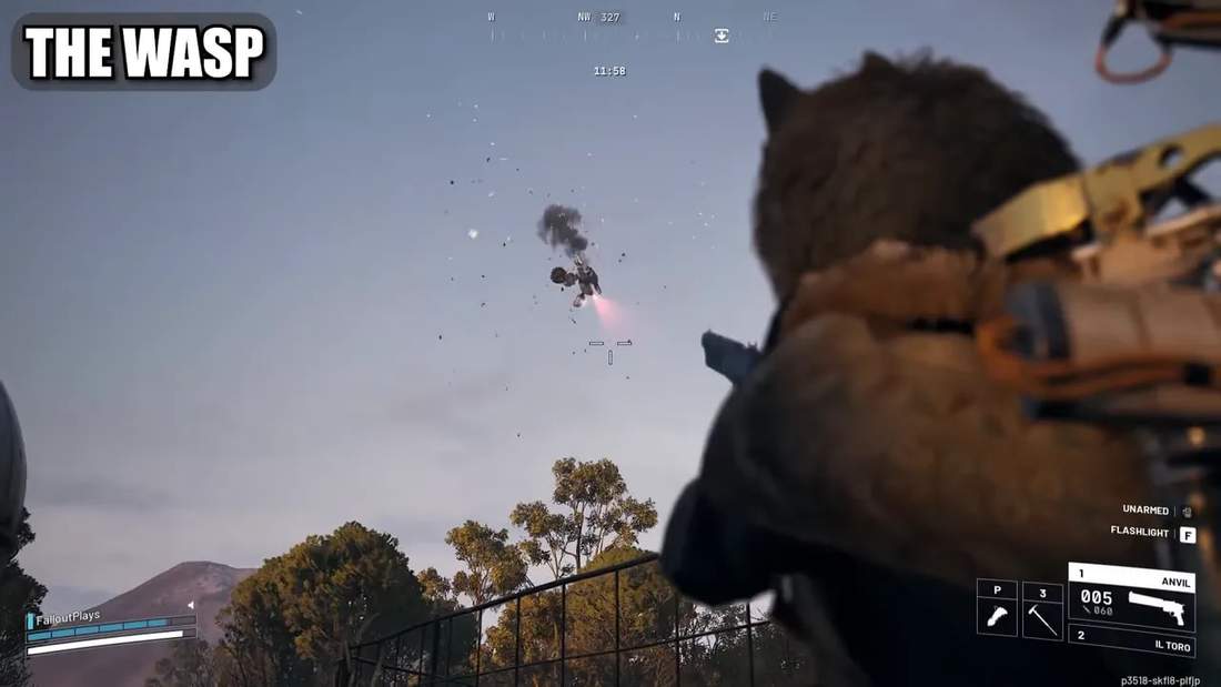 High-angle shot of a damaged wasp drone breaking apart in the sky while the player aims.