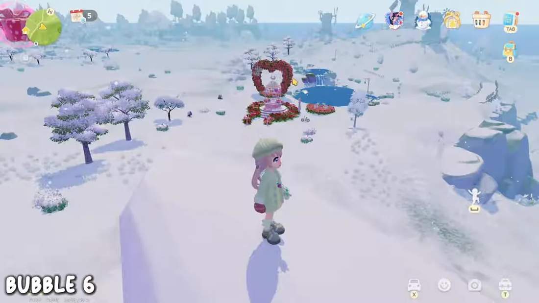 Wide third-person view from Whale Mountain showing a heart-shaped/Valentine gazebo and surrounding coastline with the area for Bubble 6 visible.