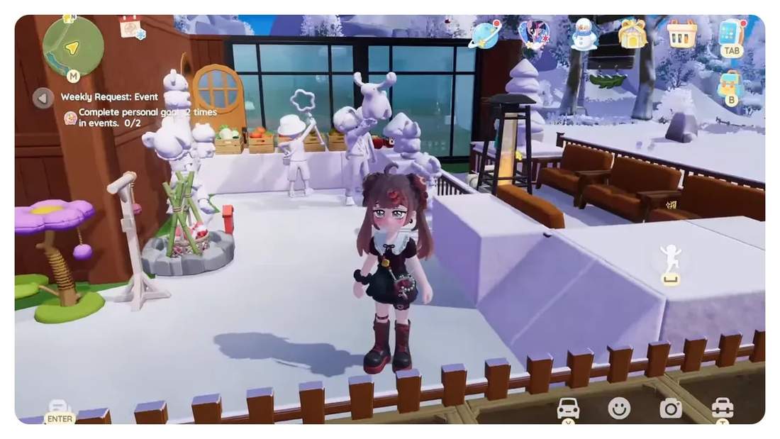Wide shot of snowy backyard showing multiple snow sculptures, benches, a patio heater and the player character