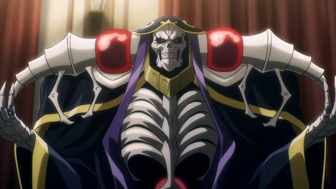 Ainz standing with ribcage armor and outstretched arms in a well-lit frame