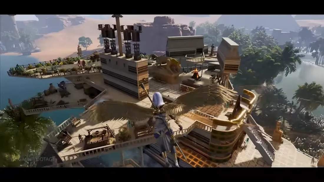 Aerial view of a multi-deck airship featuring gardens, statues and a winged character approaching