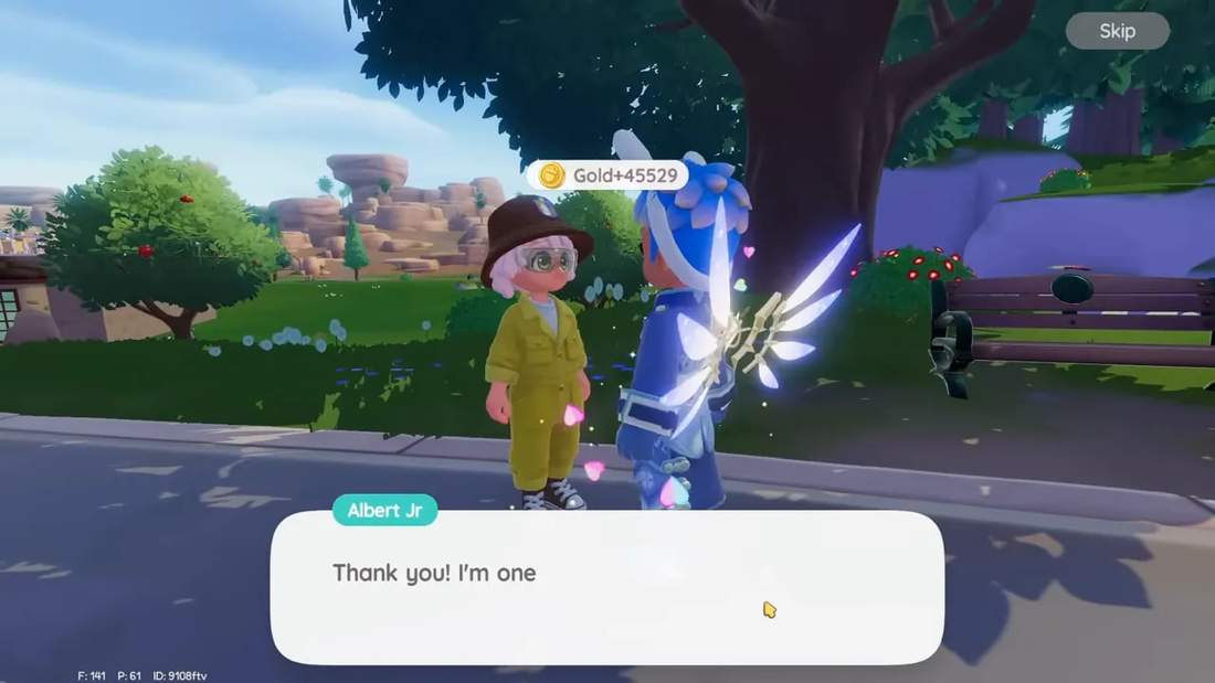 Heartopia character receiving a Gold +45529 popup from Albert Jr NPC after a sale