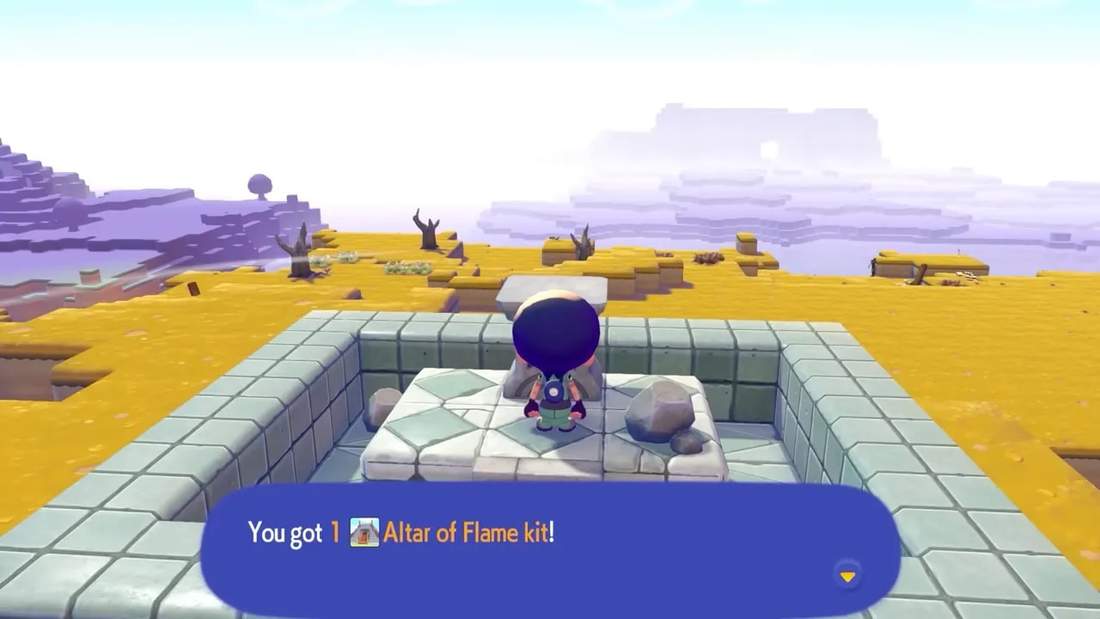 In-game message reading 'You got 1 Altar of Flame kit!' shown on a stone pedestal at a kit site