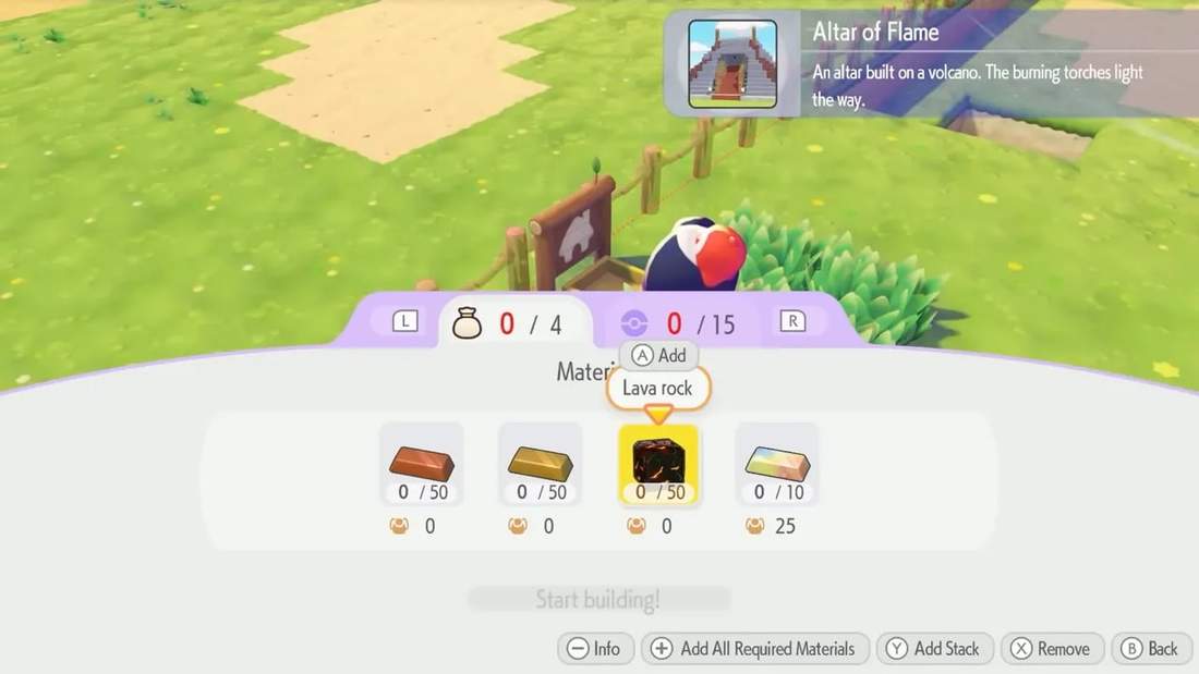 Altar of Flame build screen showing required materials with icons and 0/50 counts for lava rock and ingots